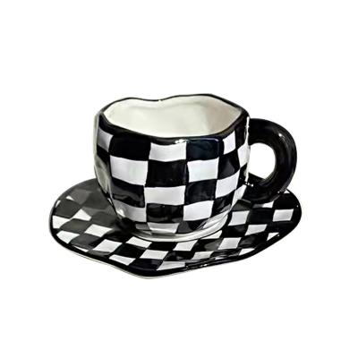 China Retro Sustainable New Style INS Ceramic Coffee Cup And Saucer Hand-Tightened Checkerboard Round Mug Afternoon Tea for sale