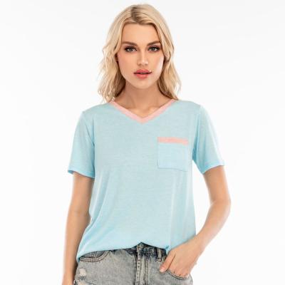 China A825 Breathable 2022 Summer New Fashion Solid Color Loose Top Women's Short Sleeve Clothing V-neck Casual Pocket for sale