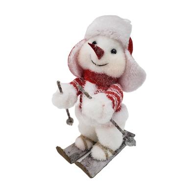 China Traditional indoor Christmas stage decoration handcrafted flocking skiing snowman with red hat and scarf for sale