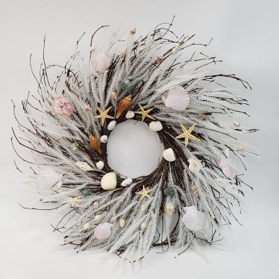 China Artificial coastal decoration twig wreath with seashell and starfish and artificial seaweed for sale