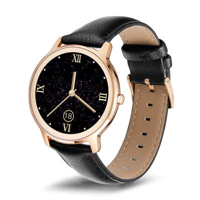 China Round Heart Rate Blood Oxygen Monitoring Leather Strap Smart Watch Ladies Fitness Sport Smartwatch R18 Touch Screen For Women for sale