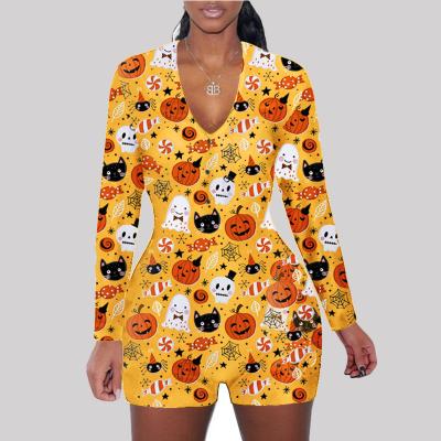 China Foma D9447 Breathable Wholesale Printed Pajama Home Romper Long Sleeve Shorts Plus Size Women Sleepwear For Halloween for sale