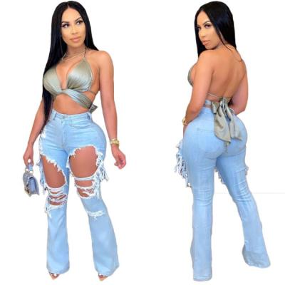 China Breathable Foma Clothes High Rise Wide-Leg Broken Hole Jeans Women Flared Ripped Jeans Women's Jeans for sale