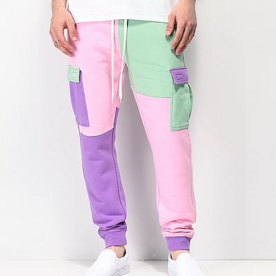 China Hot Sale Anti-Static Drawstring Color Block Elastic Mens Sweatpants Side Pockets Waist Cargo Pants for sale