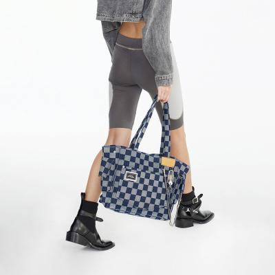 China Other Checkerboard Denim Tote Bag Niche Design Fashion Ladies Shoulder Bag Women Handbags Big Large for sale