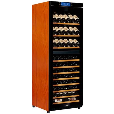 China Hotel Factory Supply Raching Double Temp Zone 120 Bottles Swirl Direct Refrigeration Solid Embraco Wooden Wine Fridge Buffet for sale