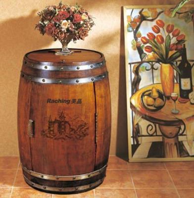 China 48L Oak Brown Oak Barrel Shaped Wine Cabinet 18 Bottles Mini Barrel Wooden Wine Cooler for sale