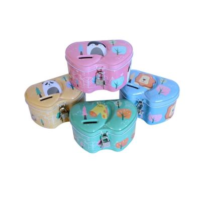 China Eco-friendly Material Customized Double Heart Money Storage Box Piggy Bank Kids With Lock for sale