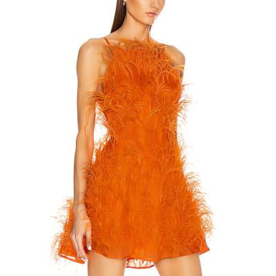 China Breathable High Quality Unique Design Women Ostrich Feather Prom Coral Dyed Mini Dress for sale