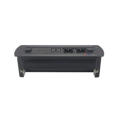 China Zwarte Aluminium Gemotoriseerde Roterende Flip Up Hidden Desk Power-Contactdoos Te koop