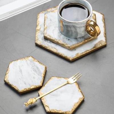 China Handmade Gold Wire Marble Dish Round Marble Hexagon Serving Tray Place Mat Marble Coasters for sale