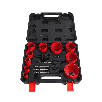 China Bimetal Metal Drilling Hole Saw Set With Saw Blades Chucks Drill Bits Installation Plate And Hex Wrench In Black Plastic Box for sale