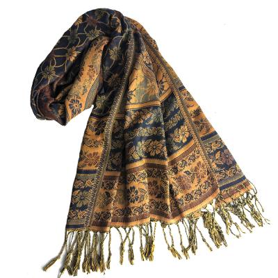 China High quality polyester jacquard pasiley and flower lady pashmina scarf with tassel for sale