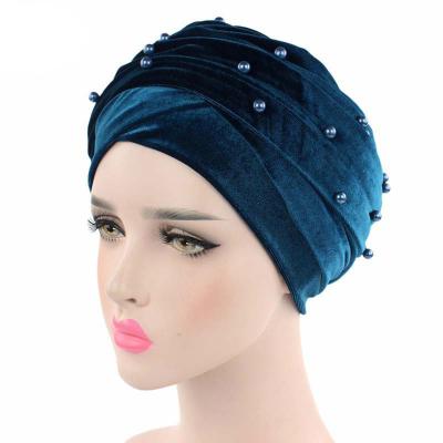 China New Dobby Velvet Long Wrap Hijab Women Velcour Tube Scarf Beaded Head Turban Headbands for sale