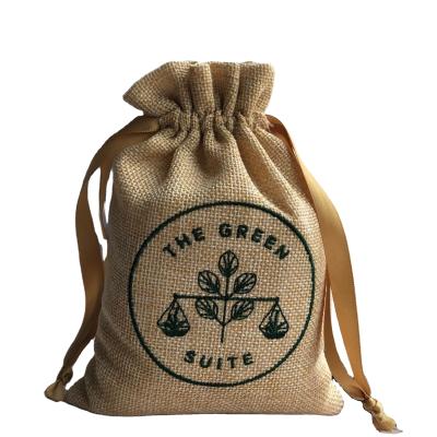 China Custom Drawstring Logo Embroidery Jute Hessian Linen Burlap Gift Drawstring Bag for sale