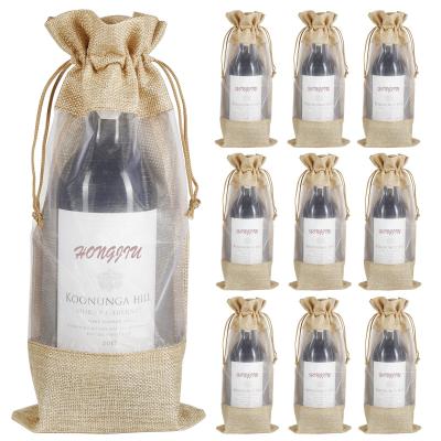 China Burlap Drawstring Wine Bags, 10pcs Burlap Wine Bottle Bags 750ml With Window Sheer Organza Drawstring Hessian Gift Bags For Wedding Festival for sale