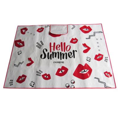 China Folding PP Woven Beach Picnic Handled Waterproof Printed Outdoor Camping Plastic Mat for sale