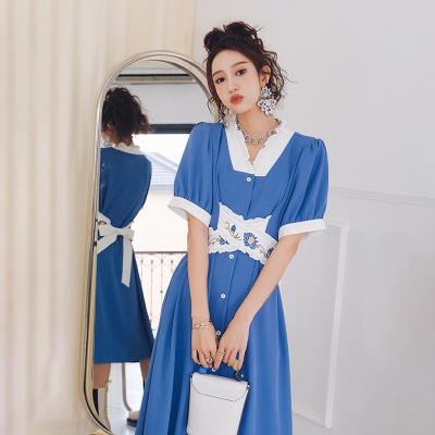 China 2022 Summer High Quality Anti-Static Peter Pan Collar Chiffon Embroidery Midi Dress for sale