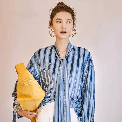 China 2022 New Arrival Anti-Static Light Blue And White Stripe Long Sleeve Link Front Casual Shirts For Women for sale