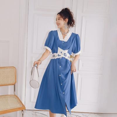 China Women Anti-static Wholesale Blue Summer Temperament High Waist Casual Elegant Lady Dresses for sale