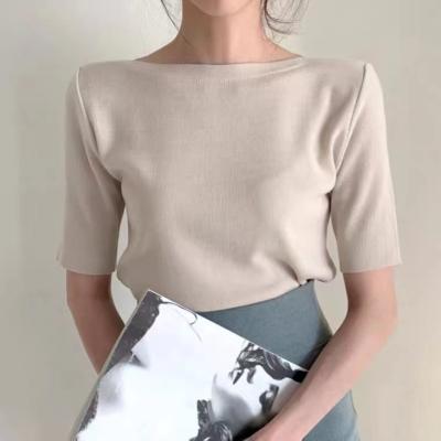 China Hot Selling Anti-wrinkle Women Knitted Slim Sleeve Slash Neck Wool T-Shirt for sale