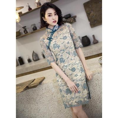 China Chinatown Semi Sheer Qipao Cheongsam Anti-Static Ready Stock Dress Floral Print Lace Up Summer Sexy Women Dress Qipao Cheongsam for sale