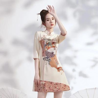 China Anti-static Chinese Spring Festival Tangerine Classic Embroidered Floral Printed Silk Mixed Retro Modern Sexy Prom Party Cheongsam Qipao for sale