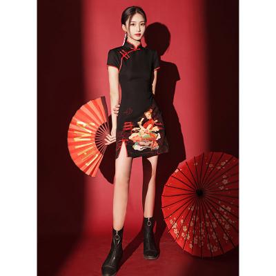 China Chinatown Anti-Static Ready Stock Classic Black Cheongsam Qipao Midi Dress Qipao Dresses Modern Dress for sale