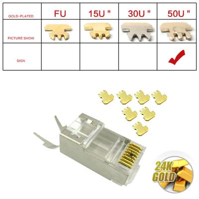 Chine RJ45 les prises modulaires Cat7 ont protégé l'or en deux parties de la conception 50u des connecteurs 8P8C plaqué à vendre