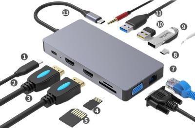 China Tipo-c eje 12 en 1 paladio del conector 100w de Ethernet rj45 del convertidor del vga TVAD de 4k@30hz del lector de tarjetas SD del tf del eje 3,0 del usb 5gbps para el mA en venta