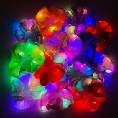 China Glowing Scrunchy Hair Bands Halloween Hair Scrunchies Soft Satin Glitter LED Hair Accessories Glow in Dark for Girls and Women for sale