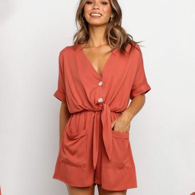 China Women Summer V Neck Stain Shorts QUICK DRY Sleeve Belted Short Wrap Rompers Overalls for sale