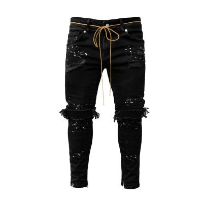 China Hot Selling Breathable Vintage Paint Drawstring Slim Custom Logo Men Ripped Jeans Long Pants for sale