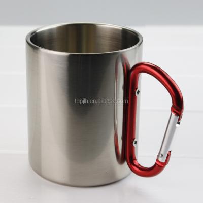 China Viable High Quality Sublimation Camp Coffee Mug 300ml Stainless Steel Empty Mug With Carabiner Handle for sale