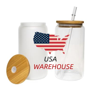 China Viable USA warehouse free shipping 12oz 16oz 25oz frosted clear sublimation blanks tumbler beer can glass with bamboo lid and straw for sale