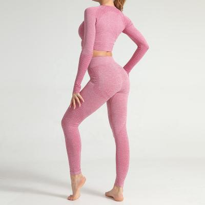 China Breathable Jacquard Exercise Suit Long Sleeve Fitness Seamless Progressive Yoga Suit Tight Yoga Pants For Women for sale