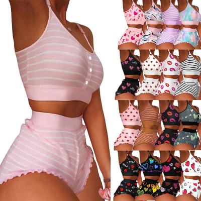 China QUICK DRY valentines day print 2 piece shorts set 2022 summer satin pajama shorts sets top stripes and shorts two piece set women clothing for sale