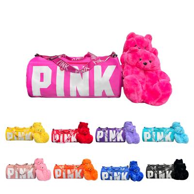 China Fashion New Arrivals Pink Plush Slippers Bag Duffle Travel Set Spend Overnight Duffel Bag And Teddy Bear Slipper At Night Weekender Gym for sale