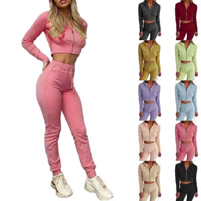 China 2022 Wholesale Custom Logo Solid Color Women Long Sleeve Crop Top Hooded Tracksuits Breathable Slim Sportswear Knitted Two Piece Set for sale