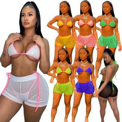 China Summer Breathable Women Plus Size Swimwear Three Piece Swimwear Mesh Biker Bikinis Short Sets 2022 Bathing Suit Swimwear Bikini Set for sale