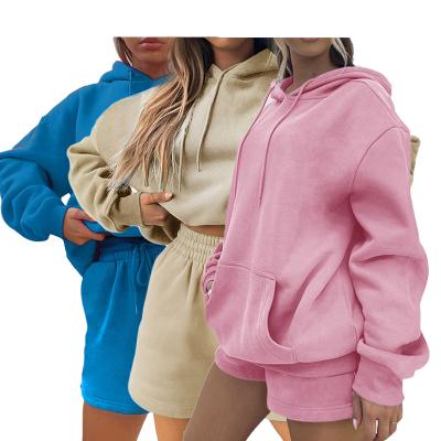 China Anti-pilling 2022 Fashion Sweatsuit Women Set Tracksuit Custom Jogger Hoodie Set Two Piece Oversized Fleece Hoodie And Sweat Shorts Set Women for sale