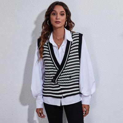 China New Style Striped Knitted Knitted Cardigan Sweater Vest Women Autumn And Winter Viable for sale