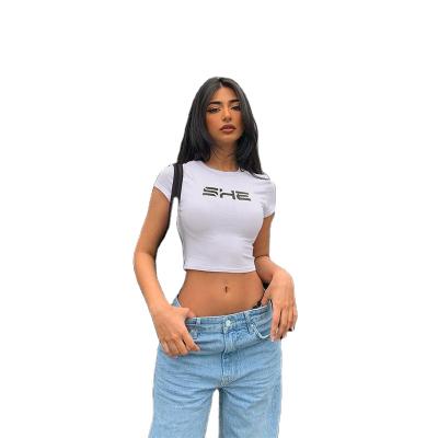 China 2022 Summer New Letter Round Neck Women's Short Sleeve T-shirt Anti-pilling Culture Thin Crop Top for sale