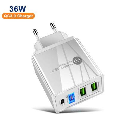 China New Cell Phone Style 36W Mobile Phone EU USA UK Charger For Left Type C Mobile Phone USB QC3.0 Multi PD Fast Charging for sale