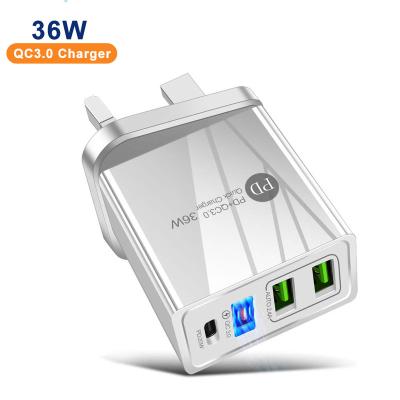 China Mobile Phone Charger 36w 3 Port Usb PD 20w Smart Fast Wall Charger Adapter Qc3.0 With US UK Eu Plug for sale