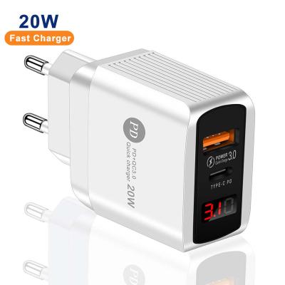 China Mini Portable Cell Phone UK EU USA Plug 20w Travel Charger Adapter Dual USB Type C Adapter With Led Display for sale