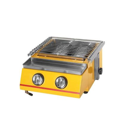 China Yellow color adjustable size lpg gas barbecue grill meat kebab grill machine gas bbq grill machine meat skewer grill machine cooking rotisserie for sale