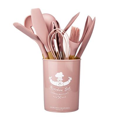 China Sustainable Kitchen Accessories Instruments Cooking Tools Wooden Handle Silicone Kitchen Utensils Set for sale