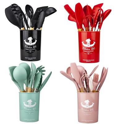 China 12 Pcs Non-Toxic Sustainable Cooking Tools Kitchenware Cocina Spatula Silicone Cooking Utensils Set With Wooden Handles for sale