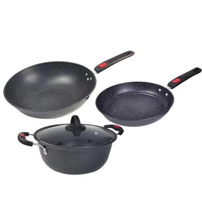 China 3pcs Sustainable Medical Stone Set High Quality Cast Iron Nonstick Cookware Set Medical Stone Frying Pan Soup Pot With Glass Lids for sale